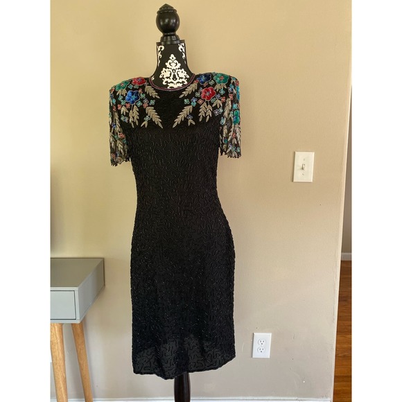 Scala Dresses & Skirts - Vtg Scala L 100% silk beaded dress sequins lbd unique cutout